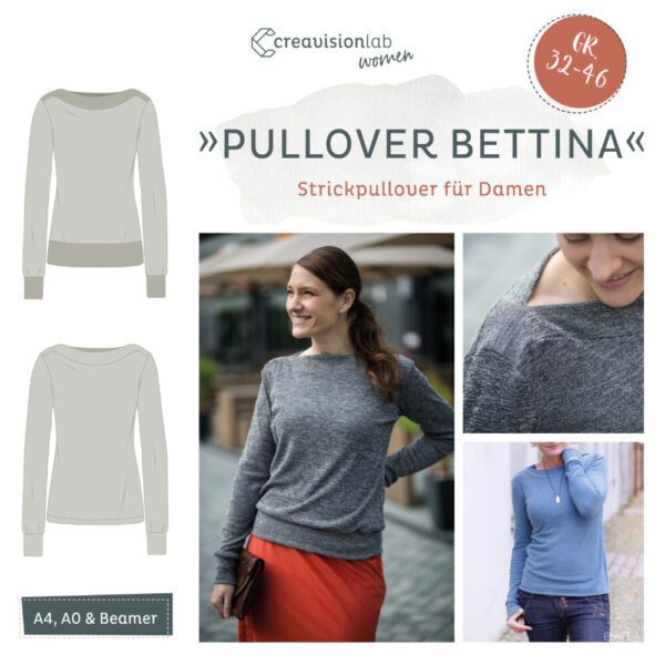 Schnittmuster Strickpullover "Bettina" mit U-Boot Ausschnitt Gr. 32-46 – Bild 1